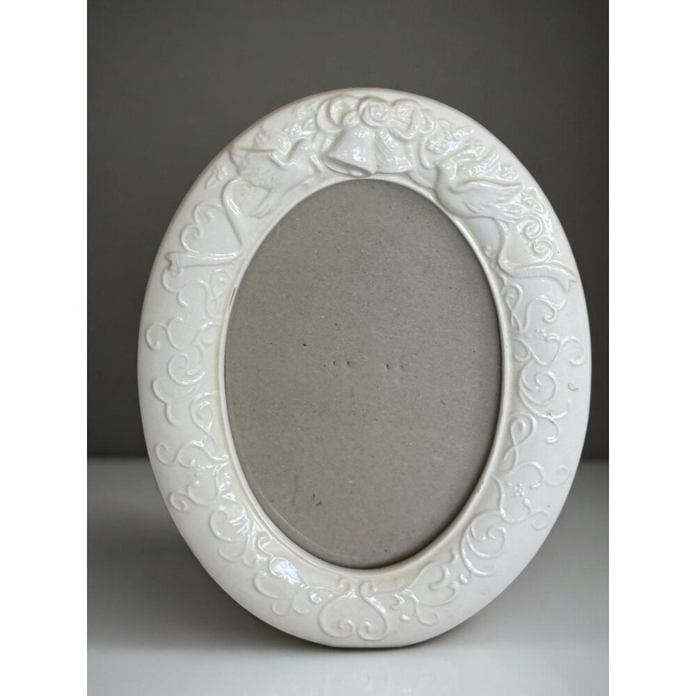 Vintage Russ Berrie Ceramic Oval Picture Frame With Embossed Angels & Bells Desi